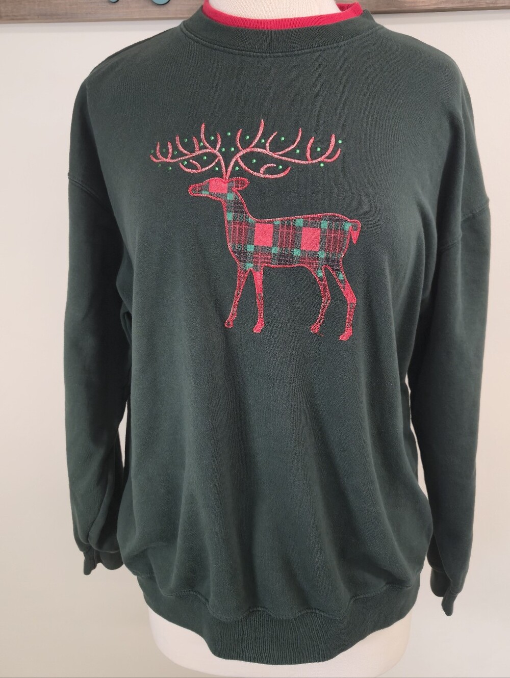 Vintage Christmas Double Collar Sweatshirt Size L Grannycore Reindeer